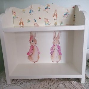 Wooden Storage Display Unit Shelves Nursery Bedroom Vintage Flopsy Bunny Rabbit Beatrix Potter Wall Freestanding Christening Baby Girl Gift