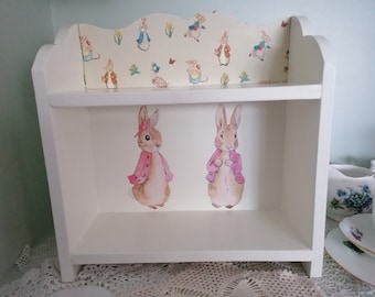 Wooden Storage Display Unit Shelves Nursery Bedroom Vintage Flopsy Bunny Rabbit Beatrix Potter Wall Freestanding Christening Baby Girl Gift