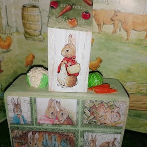 May include: A decorative wooden box featuring illustrations of Peter Rabbit and other characters. The box has a green base with images of rabbits and a top section with a rabbit illustration, carrots, and tomatoes. A small cauliflower and carrots are also on the box.