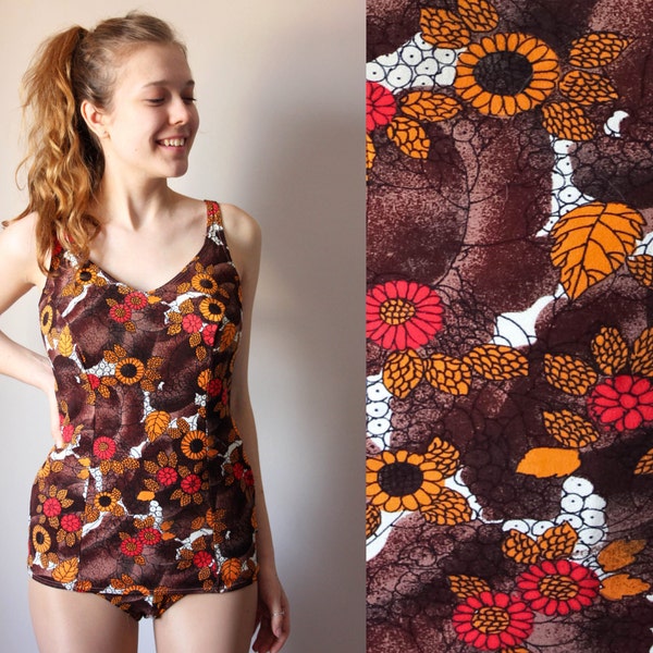 1960's Floral Swimsuit / Bombshell Brown & Orange Hippie OnePiece Swimming Suit, Pin Up, Slimming Low Cut Vintage Bathing Suit, M 48 50