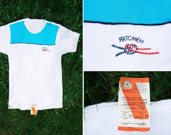 USSR Yachtsman T-Shirt | New With Tags 1980's White & Blue Cotton Terry Top  | Ukrainian Vintage Fashion, Yachting, Sailing ----> M