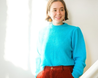 1990's Ukrainian Mohair Jumper | New With Tags! 90's Fluffy Soviet Sweater: Turquoise Blue Crew Neck, Soft Wool -> S/ M *Ukraine Fundraiser*