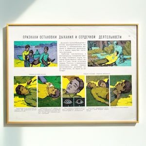 Manifesto sovietico degli anni '60-'70 "Segni di arresto respiratorio e cardiaco" / Manifesto originale dell'URSS, vintage, di pronto soccorso educativo