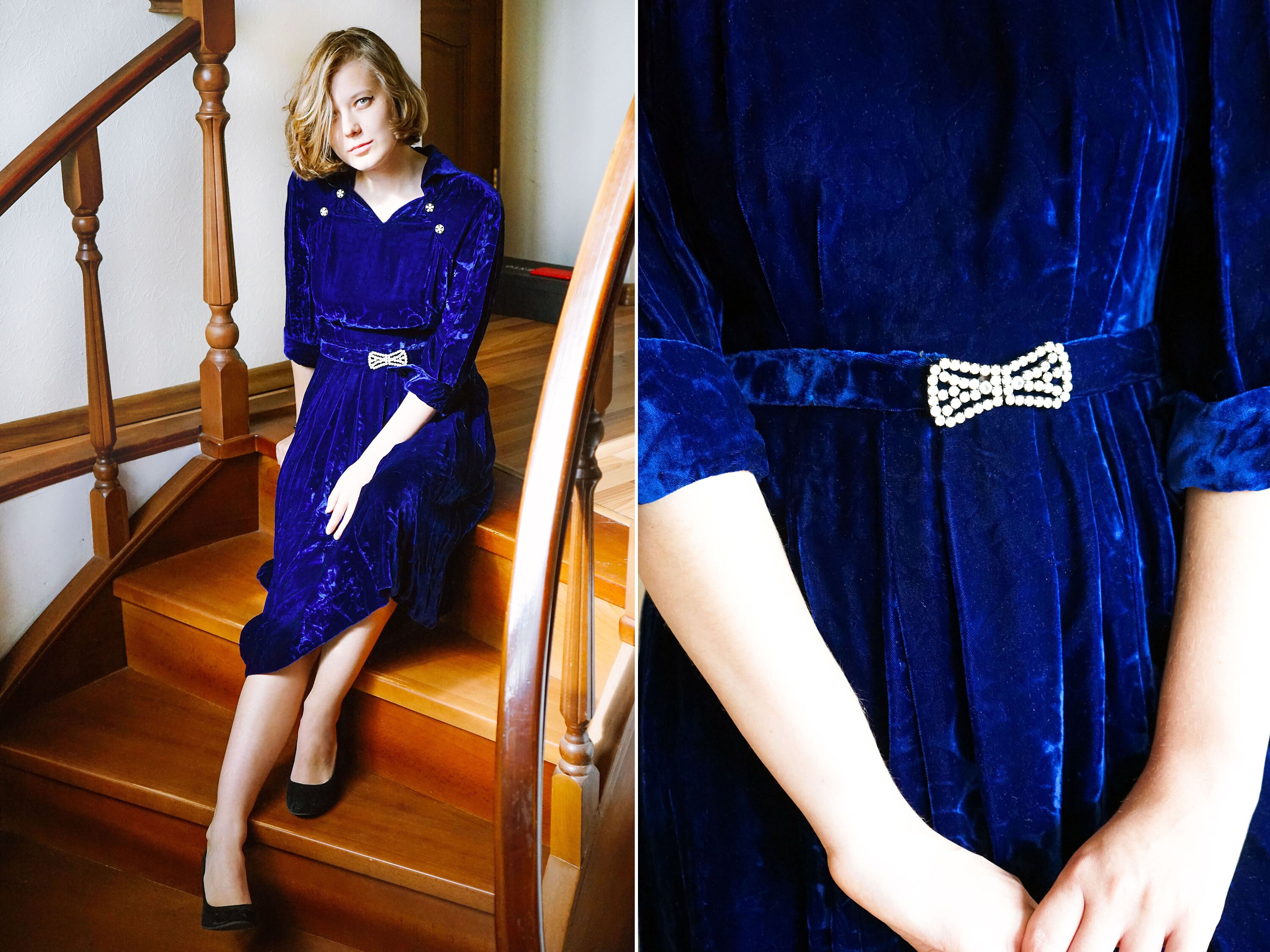 deep blue velvet dress