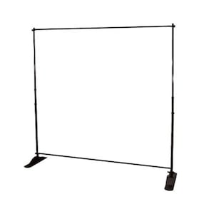 May include: A black adjustable backdrop stand with a rectangular frame. The stand has a horizontal bar and two vertical bars, supported by two base plates. The stand is designed to hold a backdrop for photography or events.