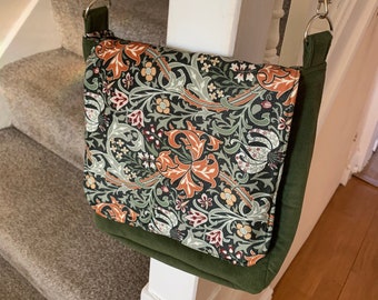 William Morris, velvet print messenger, crossbody bag in olive green needle cord with adjustable shoulder strap and zip pocket. Bespoke bag.