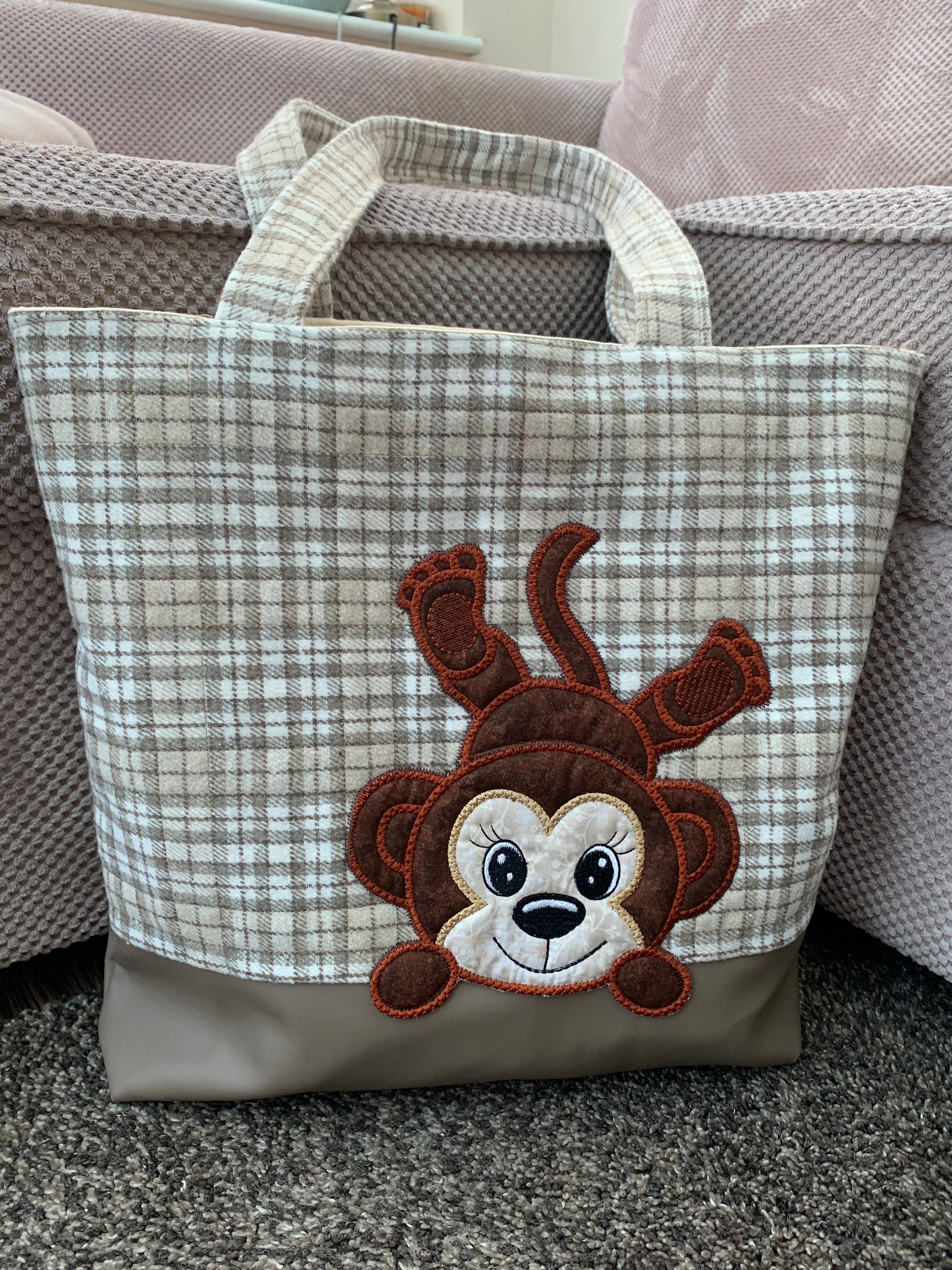 Monkey Appliqué Bag, Quilted and Embroidered Reuseable Tote Bag. Etsy UK