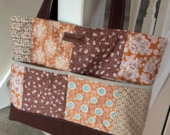 Quilted Patchwork Tote Bag, with shoulder straps using Waxed cotton and Tilda fabrics.