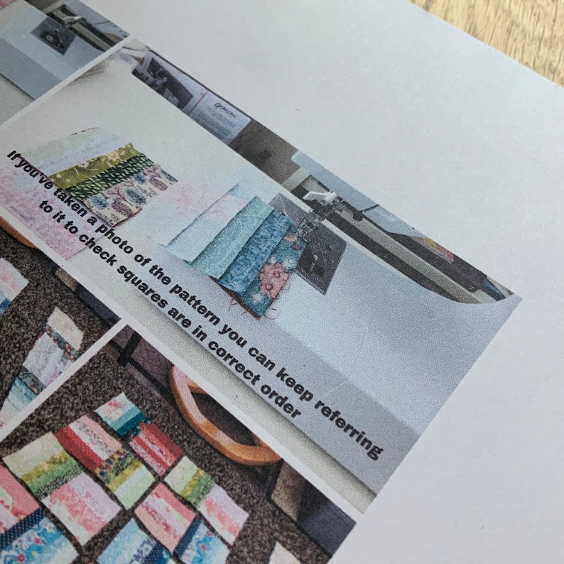 Peut inclure: Gros plan sur un projet de couture avec une note qui dit "Si vous avez pris une photo du motif, vous pouvez continuer &agrave; vous y r&eacute;f&eacute;rer pour v&eacute;rifier que les carr&eacute;s sont dans le bon ordre."