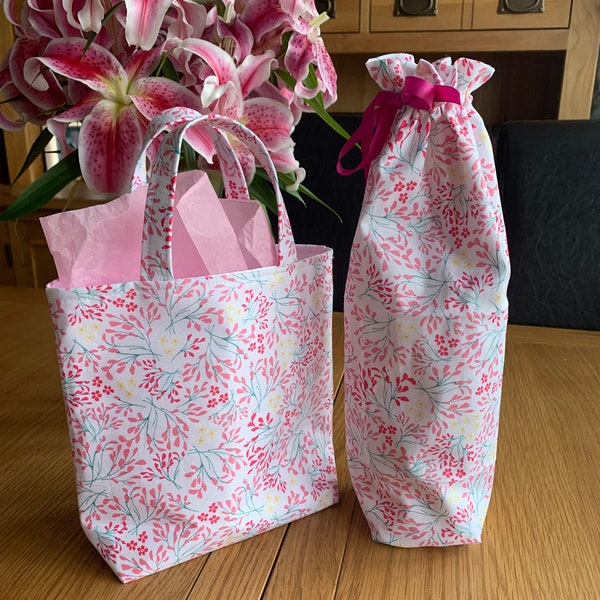 Reuse-able gift wrap. Set of 2 pink floral fabric gift bags.