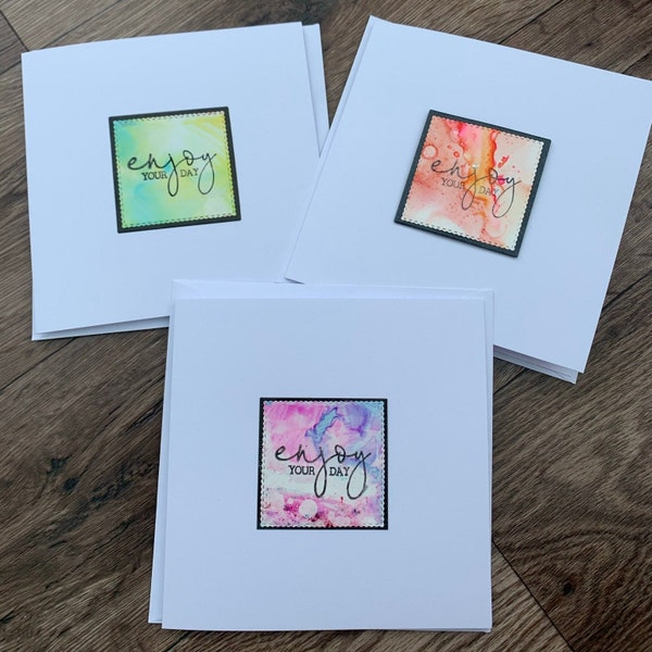 Alcohol inked greetings card, pack of 3 with enjoy your day sentiment, handmade.