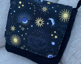 Cosmic print, crossbody, messenger bag in needle cord fabric, Sun, moon & star print with adjustable shoulder strap.