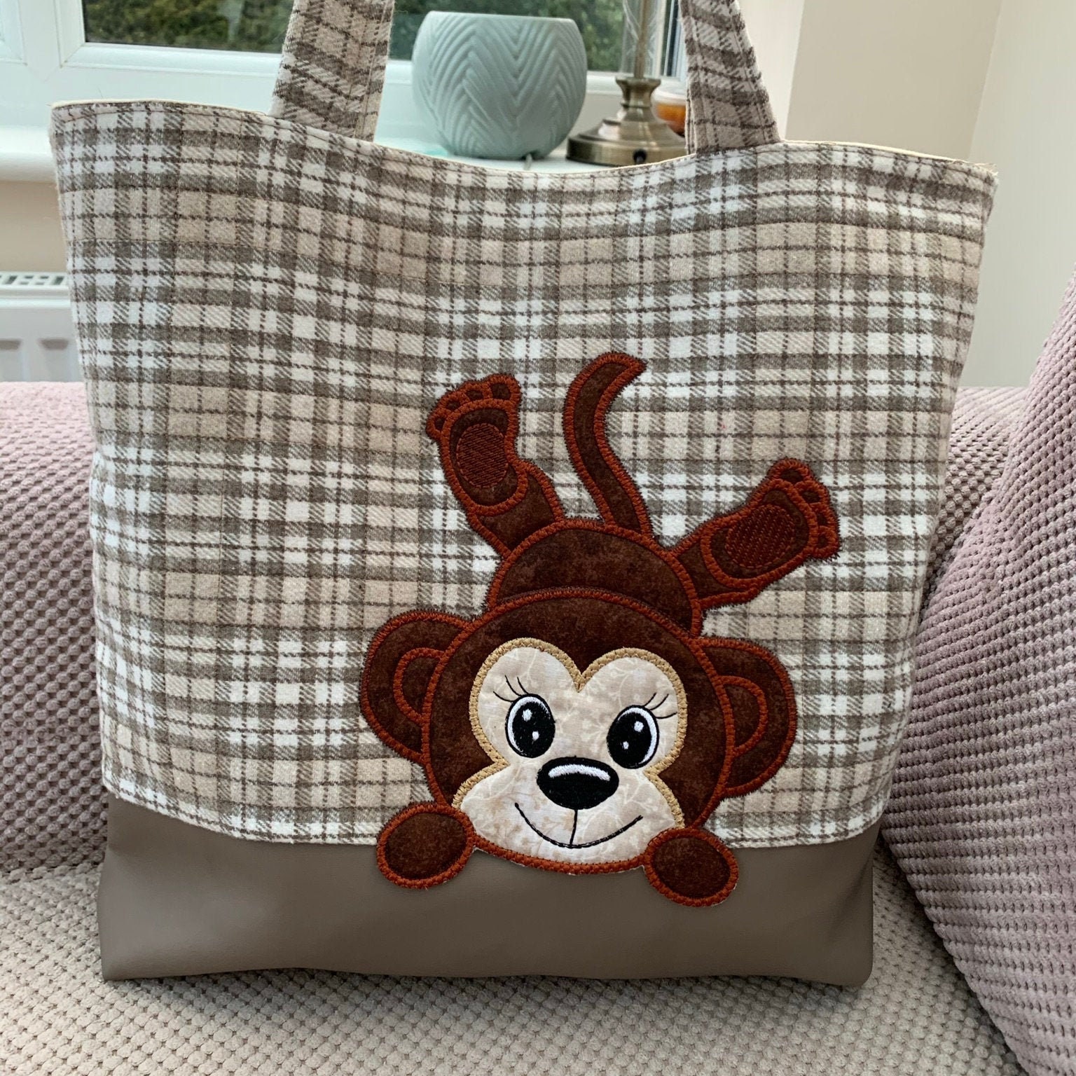 Monkey Appliqué Bag, Quilted and Embroidered Reuseable Tote Bag. Etsy UK