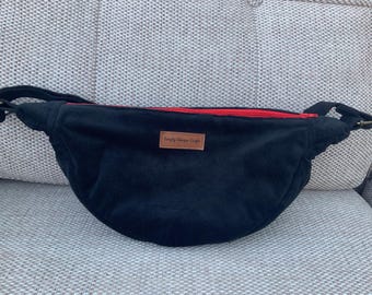Black Velvet Banana Sling Bag: Red Zip, Cat Lining (14" Wide)