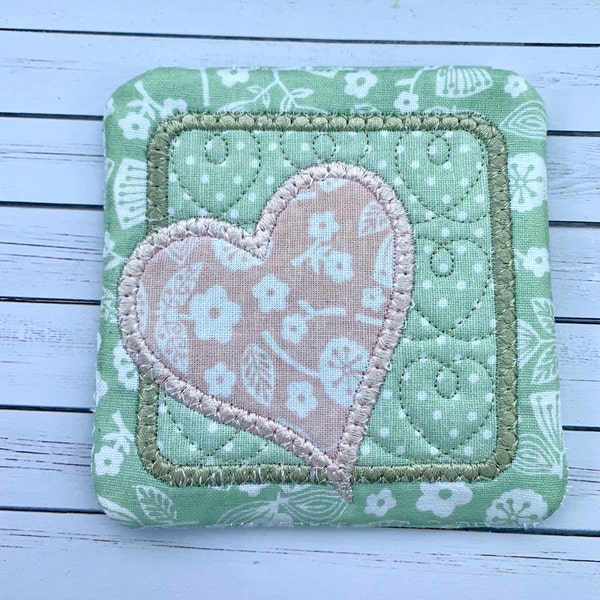Heart fabric coaster green with embroidery.
