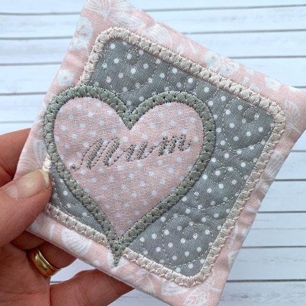 Mum, Heart embroidered fabric coaster in pink. Mother’s Day gift