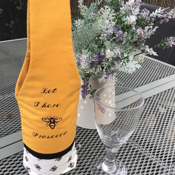 Prosecco bottle bag, embroidered fabric re-useable gift bag.