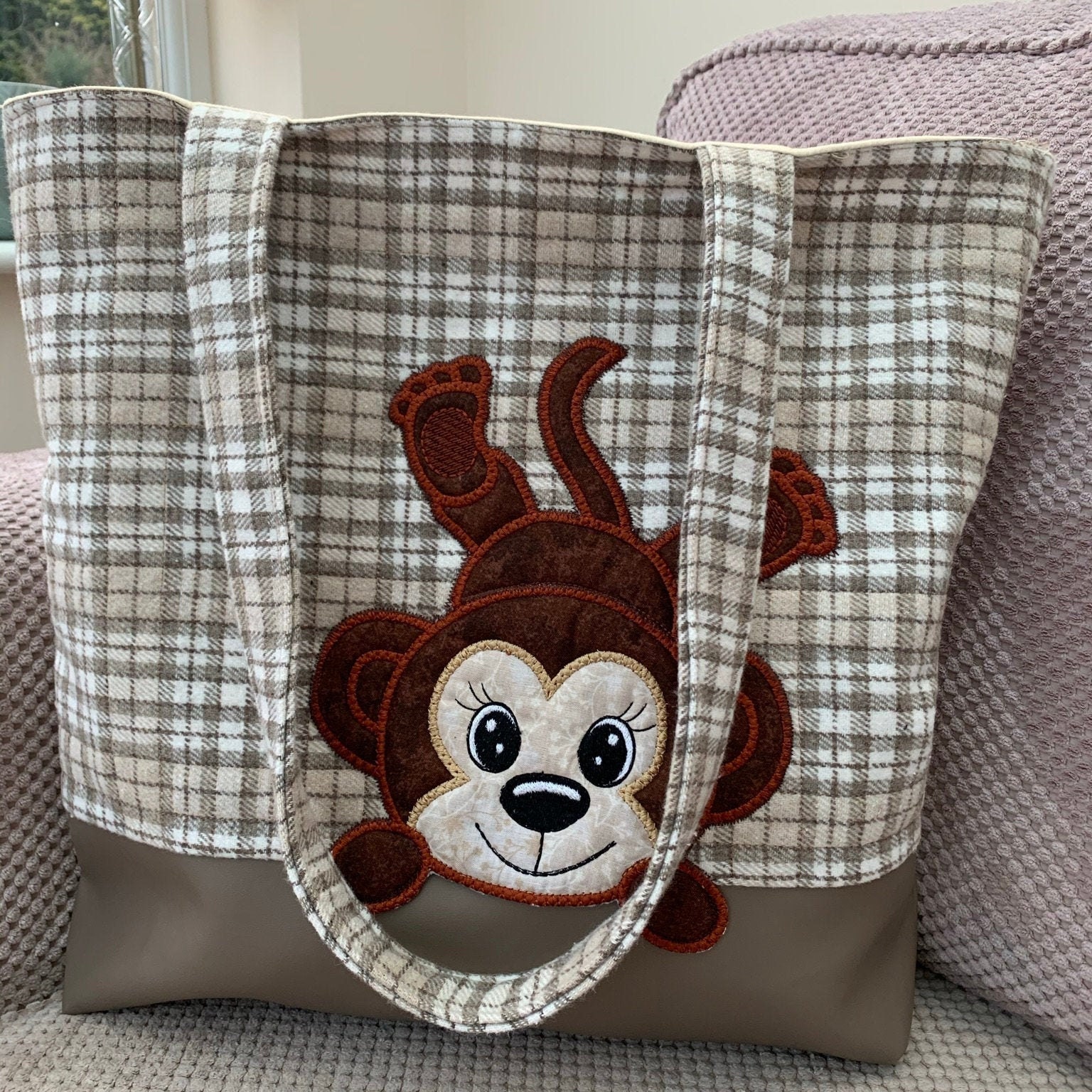 Monkey Appliqué Bag, Quilted and Embroidered Reuseable Tote Bag. Etsy UK