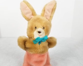 Vintage Animal Fair Hand Puppet Easter Bunny Rabbit Tan Pink Bow Furry Plush 1970s