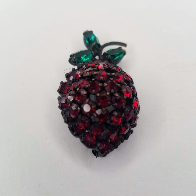 Vintage Warner Red Green Rhinestone Strawberry Brooch Pin Signed Japanned