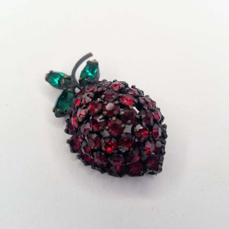 Vintage Warner Red Green Rhinestone Strawberry Brooch Pin Signed Japanned