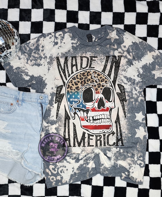 July 4th Tshirt, Made In America, Red, White & Blue, Bleach Stars, Independence Day, Patriotic, Acid Wash, USA, Skelly, Red White and Blue
