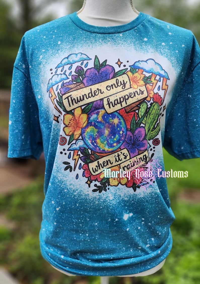 Retro Music Shirt, Graphic Band Tee, Vintage Band Tee, Boho, Concert, 60s, 70s, Bleached Tee, Hippy, Thunder only Happens When it's Raining image 1