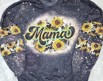 Mama Sunflower Bleached Shirt, Sunflower, Cow Bleached Sweatshirt, Sunflower Cow Print, Cowhide, Mothers day, Mom Gift, Bleach Sweatshirt