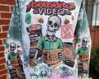Halloween Sweatshirt, Bleached Sweatshirt, Retro Halloween VHS, Vintage Halloween Movies 90s, Spooky Halloween Shirt, Skeleton, Spiders, Bat