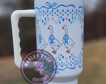 Blue Ribbon Goose Cup, 1980s Aesthetic, Hearts, Vintage, CountryCore, Bows, Doodle Hearts, Animal Lover, Grandma Core, Nostalgic, 40oz Cup,