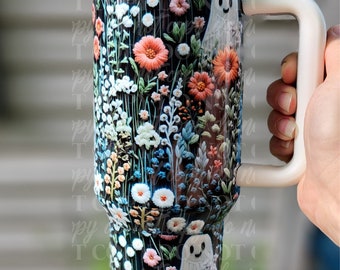 Boho Ghost 40oz Tumbler, Cottage core Aesthetic,Embroidery Cup, Spooky Tumbler,  Cute Ghost Cup, Floral fall, 40oz, Gift for Her, Fairy Cor