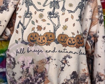 Fall Bleached Sweatshirt, Halloween Skellies, Pumpkin, Fall Leaves, Cow Bleached Sweatshirt, Autumn Crewneck, Acid Wash, Fall Skellys