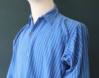 Vintage 1930s 30s 1940s 40s French indigo blue striped cotton work shirt workwear chore pop over smock 50” chest selvedge Lepine