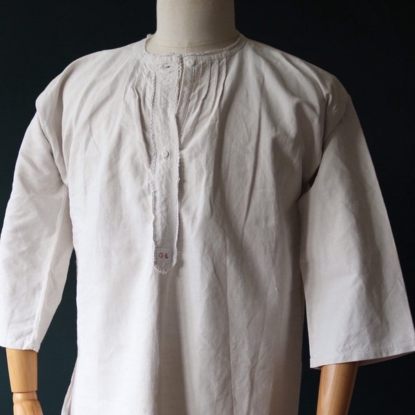 Vintage antique french white linen nightgown night shirt pin tuck pleats size free 43” chest indigo dye project