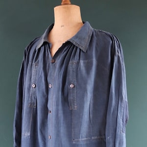 Large Linen French Antique Smock Dyed Indigo Blue Chintz Large Linen French Antique Smock Dyed Indigo Blue Chintz