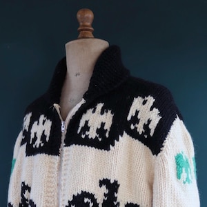 Vintage 50s Cowichan Wool Cardigan: Thunderbird Design, Shawl Collar (52&quot; Chest)