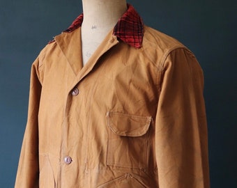 Vintage 1940s 40s Bullseye Bill tan brown duck cotton canvas jacket hunting shooting American Talon zipper 46” chest workwear chore work