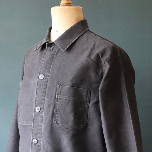 Vintage 1950s 50s 1960s 60s French black moleskin work jacket chore workwear darned repaired 48” chest