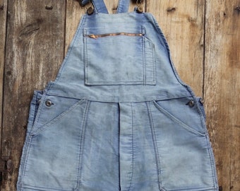 Vintage 1960s 60s 1970s 70s French pale blue moleskin overalls dungarees work chore workwear patched faded darned 40” 42” x 24”