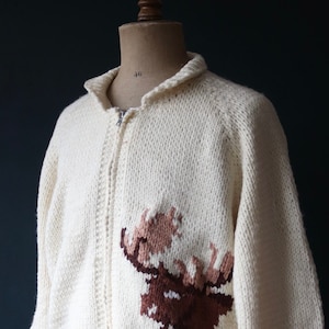 Vintage Hand Knit Cowichan Cardigan: 1970s Acrylic Moose Sweater (53&quot; Chest)
