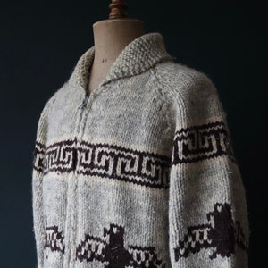 Vintage 1980s Tuak chunky knitted wool cowichan sweater cardigan jumper hand made knit shawl collar Thunderbird 46” chest Talon