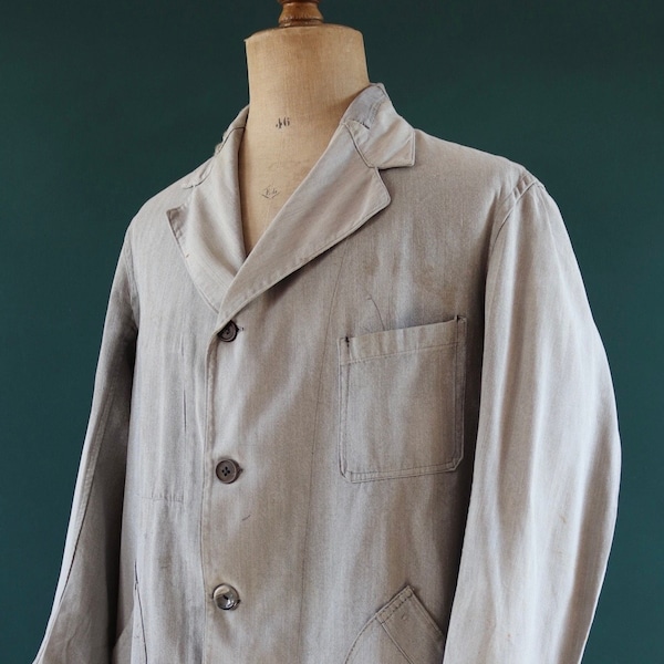 Vintage 1950s 50s 1960s 60s French salt pepper grey work long coat jacket overall workwear factory machinist 46” chest darned repaired