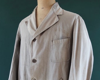 Vintage 1950s 50s 1960s 60s French salt pepper grey work long coat jacket overall workwear factory machinist 46” chest darned repaired