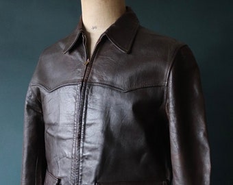 Vintage 1940s 40s 1950s 50s brown leather half belt jacket sports Talon zipper rockabilly 42” chest