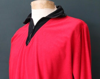 Vintage 1960s 60s red black nylon velour lounge top shirt Talon zipper 48” chest quarter zip