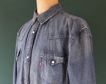 Vintage Levis Levi Strauss indigo blue chambray denim shirt cowboy western 51" chest red tab pearl snap