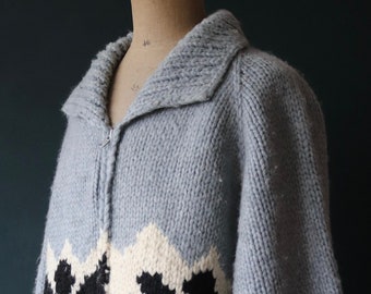 Vintage 1980s Longhouse chunky knitted wool cowichan sweater cardigan jumper hand made knit shawl collar woodland mountain cabin 52” chest