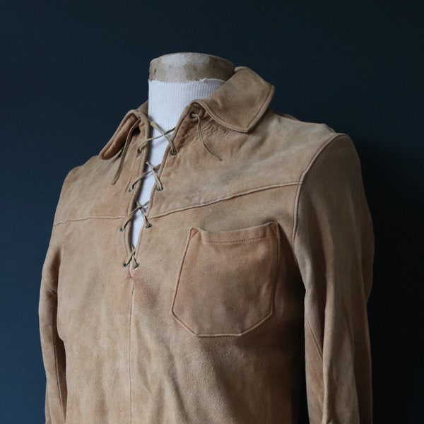 vintage années 1950 années 50 années 1960s 60s marron peau de daim dentelle chemise western cowboy 40 « poitrine Conmatic Deerskin Trading Post