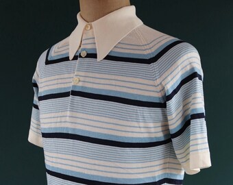 Vintage jaren 1970 70 wit blauw streep fijngebreid banlon polo top shirt Northern Soul mod 40" borst kleine korte mouw