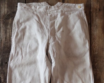 Vintage 1920s 20s 1930s 30s French white cotton trousers pants 35” x 32” riviera beach fishtail v notch buckle back